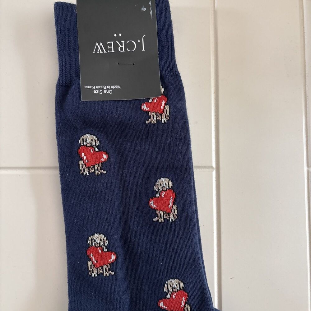J.Crew Socks Men One Size Blue Crew Mid Calf Dog With Heart  Novelty 1 Pair